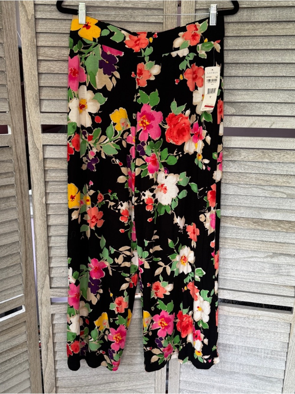 Lauren Ralph Lauren NWT Floral Wide Leg Pull On Pants Black Pink Size Medium